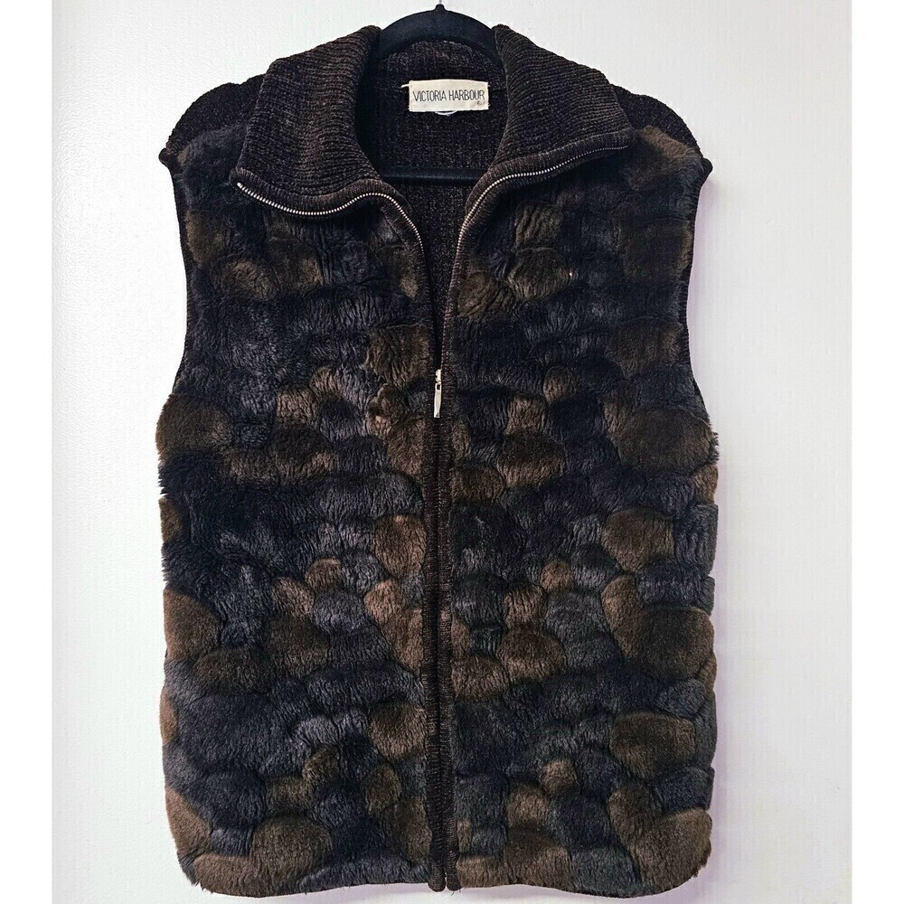 VICTORIA HARBOUR Vintage Brown Vest Full  Zip Faux Fur Pockets On Both Sides